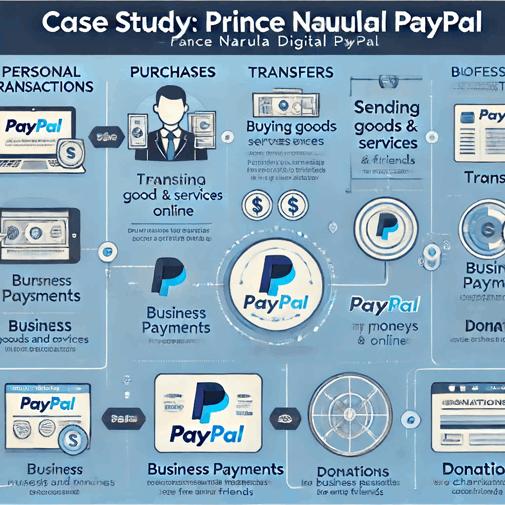 infographic titled "Case Study: Prince Narula Digital PayPal," highlighting the use of PayPal for personal and professional transactions.