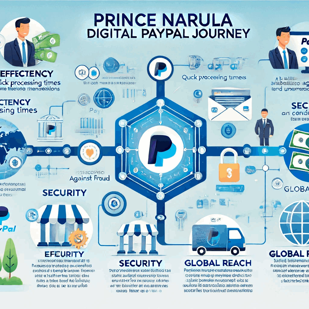 infographic titled "Prince Narula Digital PayPal Journey," highlighting the integration of PayPal into his financial ecosystem with benefits in terms of Efficiency, Security, and Global Reach.