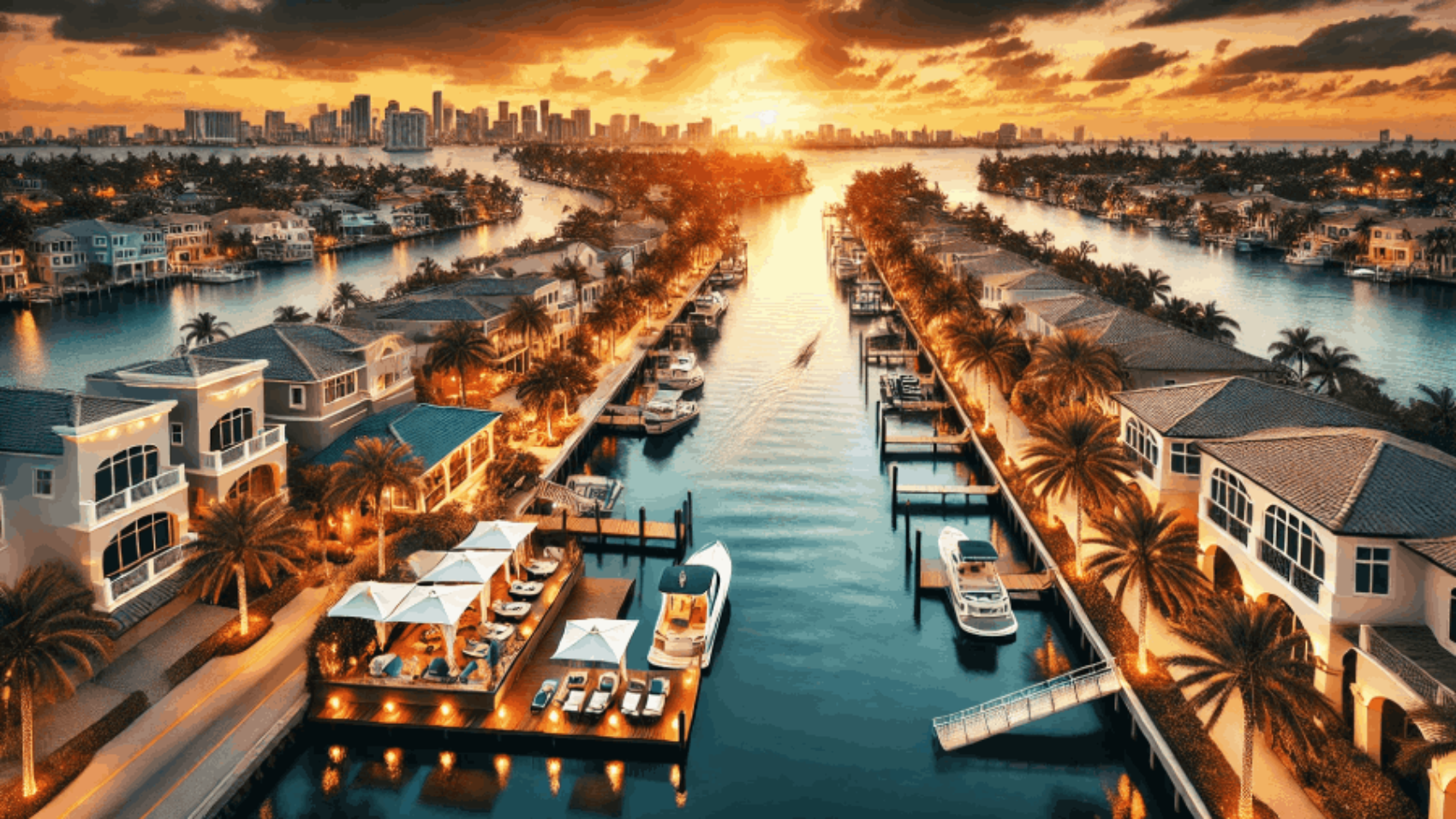 A stunning aerial view of a waterfront community at sunset, showcasing elegant homes with private docks, boats on calm waters, and a scenic boardwalk lined with palm trees and cozy cafés, with a modern city skyline in the background.