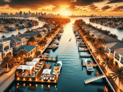 A stunning aerial view of a waterfront community at sunset, showcasing elegant homes with private docks, boats on calm waters, and a scenic boardwalk lined with palm trees and cozy cafés, with a modern city skyline in the background.