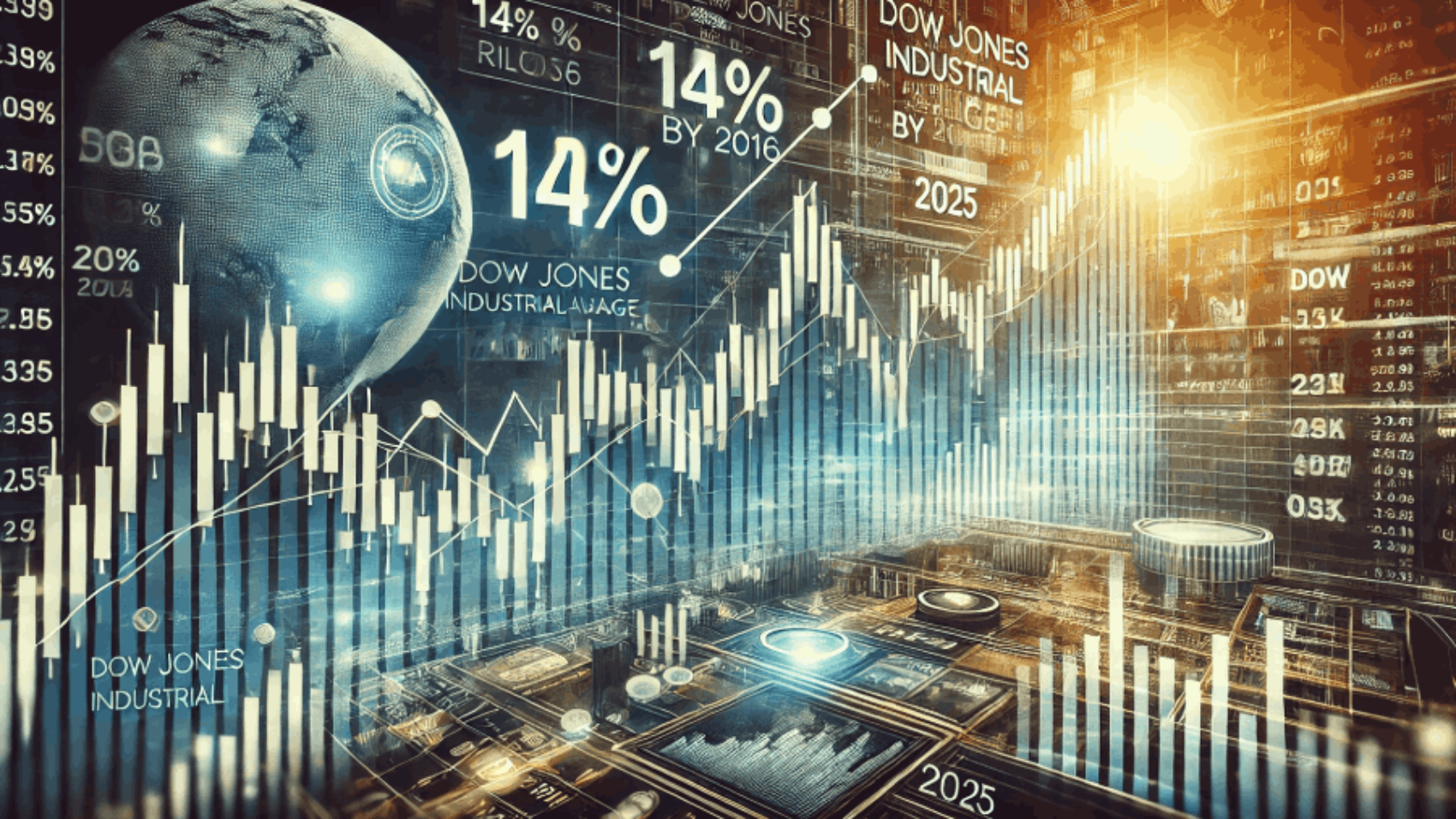 A financial chart displaying the Dow Jones Industrial Average (DJIA) performance from 2016 to 2025, highlighting key milestones such as a 14% rise in 2016 and the index nearly doubling by 2025, with stock market indicators and an upward trend line.