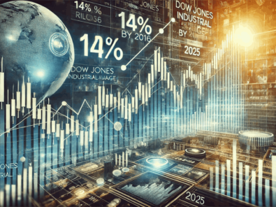 A financial chart displaying the Dow Jones Industrial Average (DJIA) performance from 2016 to 2025, highlighting key milestones such as a 14% rise in 2016 and the index nearly doubling by 2025, with stock market indicators and an upward trend line.