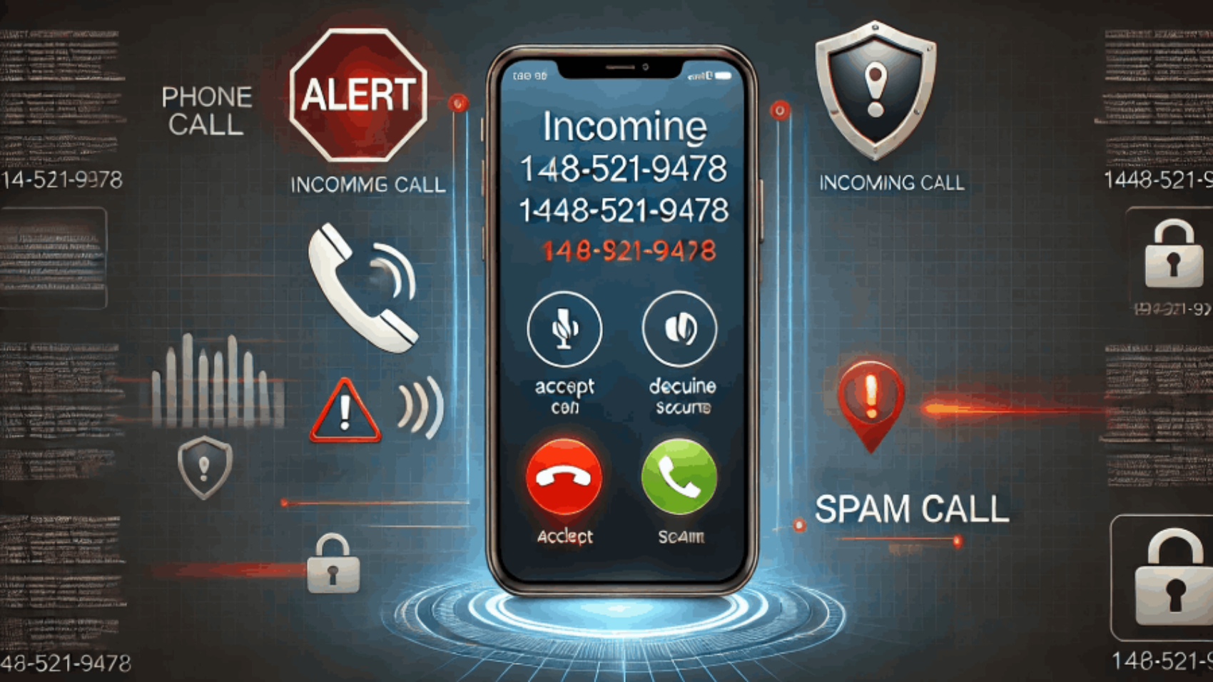 Smartphone screen showing an incoming call from 1-408-521-9478, with warning icons for scam alerts, security, and spam protection.