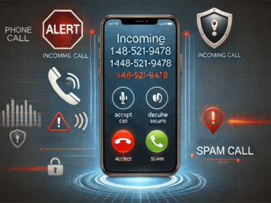 Smartphone screen showing an incoming call from 1-408-521-9478, with warning icons for scam alerts, security, and spam protection.