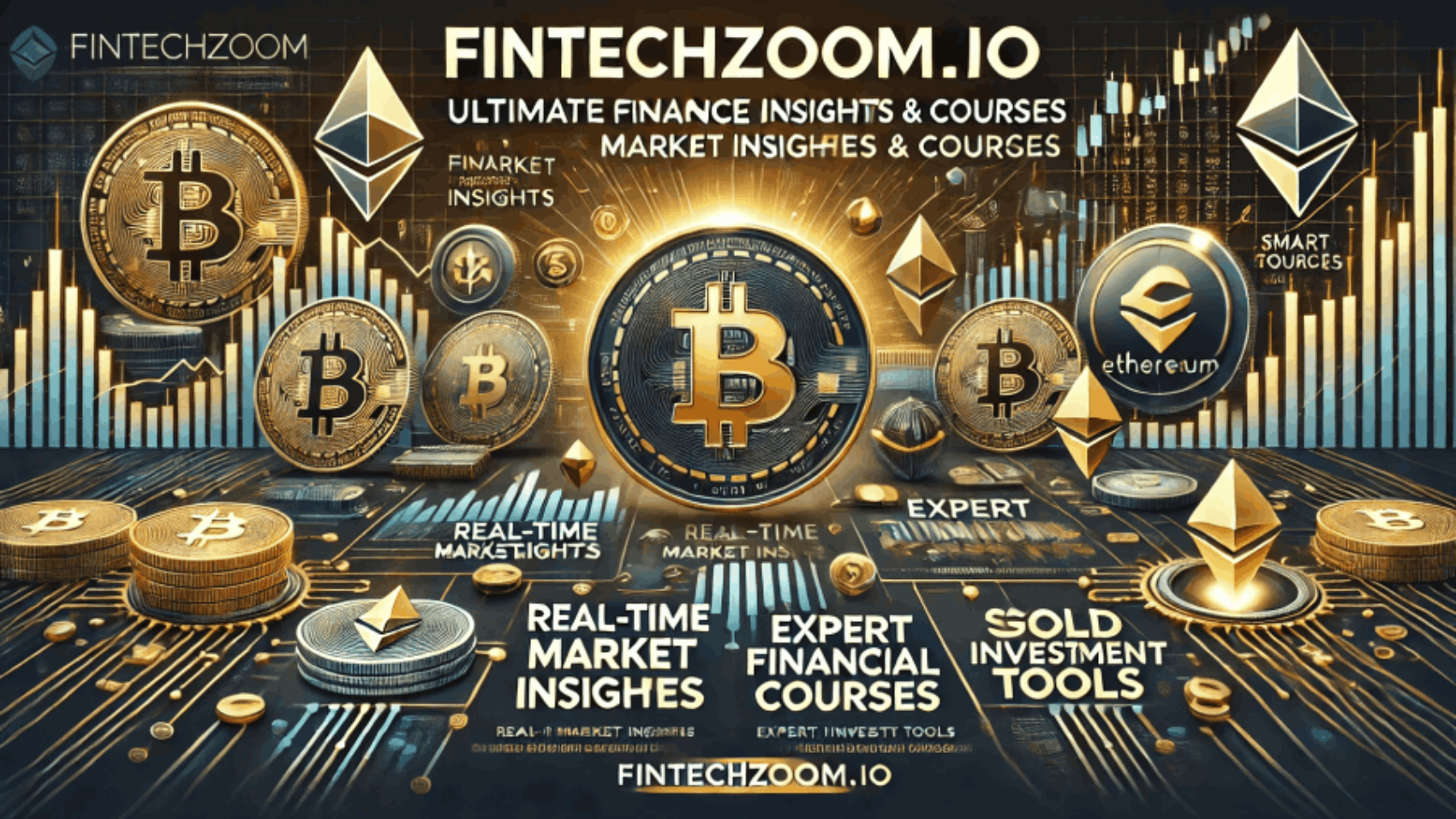 A visually engaging banner for Fintechzoom. io, showcasing financial market trends with stock graphs, cryptocurrency icons (Bitcoin, Ethereum), and gold price movements. The design emphasizes real-time market insights, expert investment courses, and smart financial tools, using a professional dark blue and gold theme. Optimized for readability and user engagement.