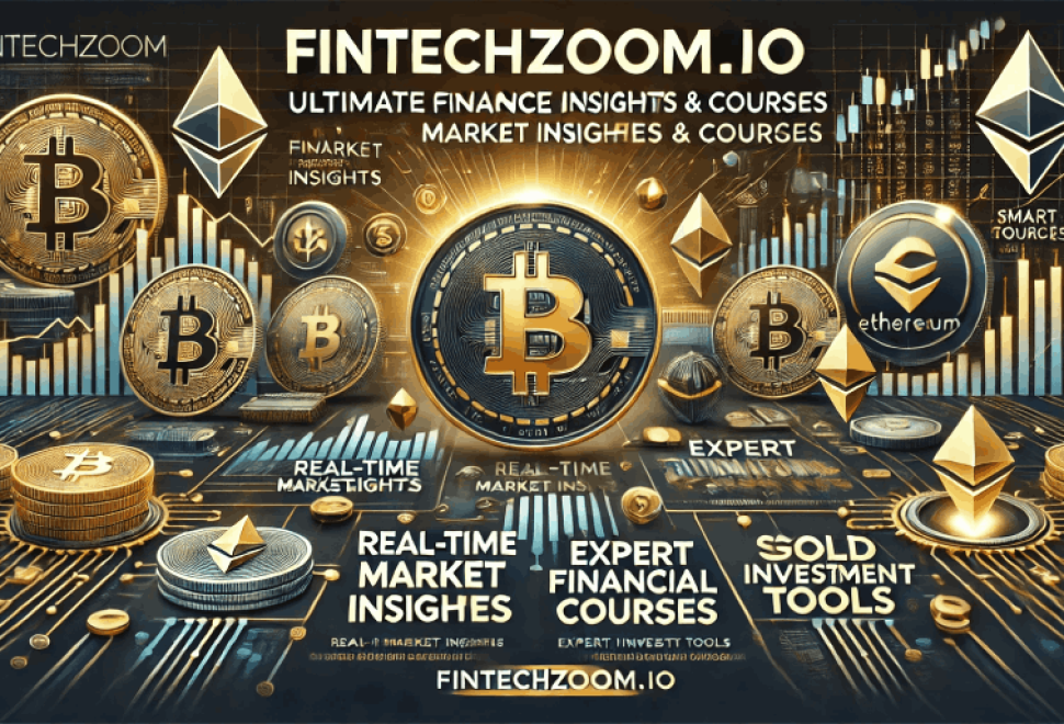 A visually engaging banner for Fintechzoom. io, showcasing financial market trends with stock graphs, cryptocurrency icons (Bitcoin, Ethereum), and gold price movements. The design emphasizes real-time market insights, expert investment courses, and smart financial tools, using a professional dark blue and gold theme. Optimized for readability and user engagement.
