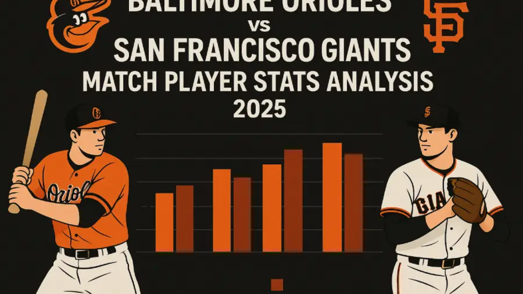 Illustration of 2025 Baltimore Orioles and San Francisco Giants baseball players with a central bar chart comparing match player statistics, team logos, and bold game title.