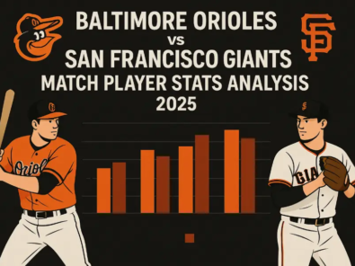 Illustration of 2025 Baltimore Orioles and San Francisco Giants baseball players with a central bar chart comparing match player statistics, team logos, and bold game title.