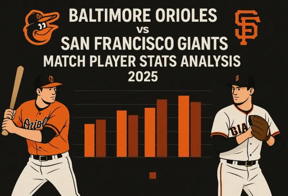 Illustration of 2025 Baltimore Orioles and San Francisco Giants baseball players with a central bar chart comparing match player statistics, team logos, and bold game title.