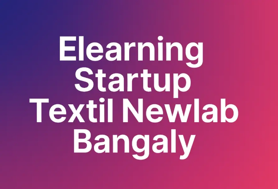 Digital title graphic reading ‘Elearning Startup Textil Newlab Bangaly’ on a purple-pink gradient background