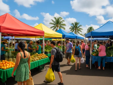 Visitors browsing fresh produce at Niegel Hayles Farmers Market in Hilo, Hawaii