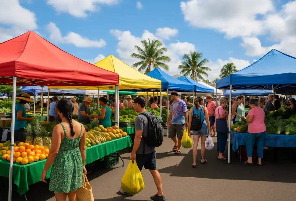 Visitors browsing fresh produce at Niegel Hayles Farmers Market in Hilo, Hawaii