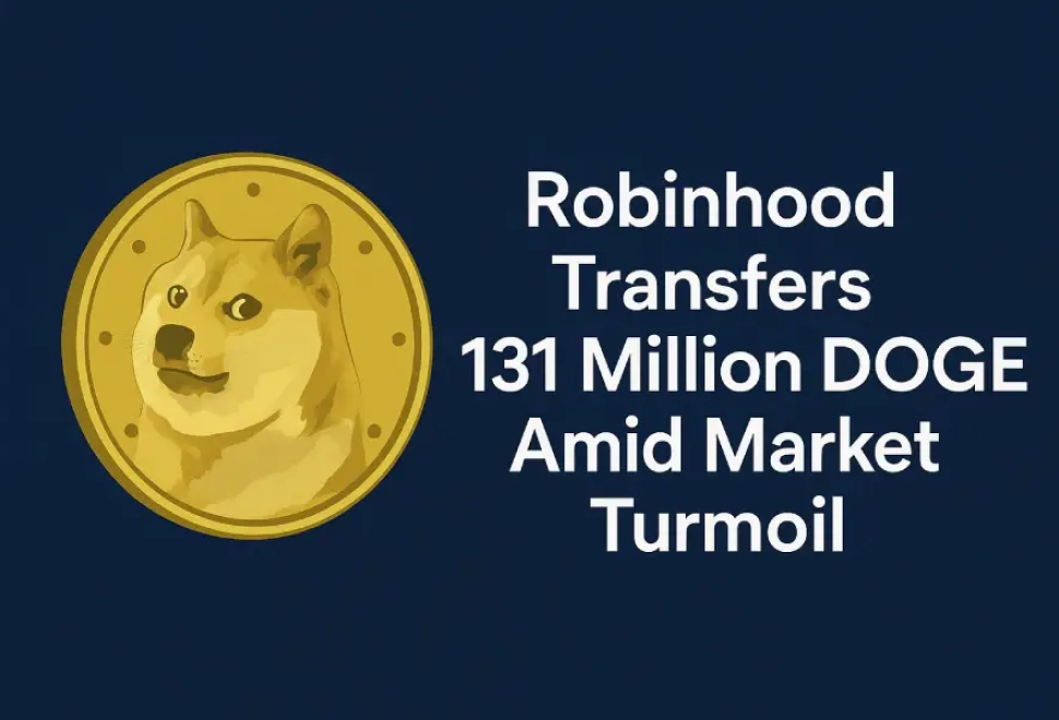 Headline image showing a gold Dogecoin next to the bold text: Robinhood Transfers 131 Million DOGE Amid Market Turmoil, on a dark blue background.