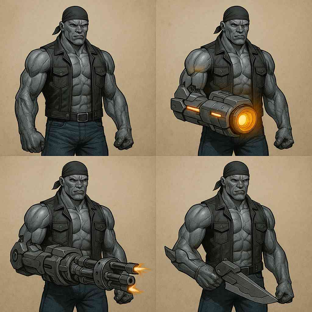 Concept art of Marvel's durag biker mutant showing gunarm in various combat modes including energy blaster, Gatling gun, and blade.