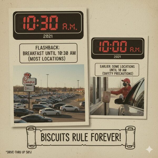 Flashback to 2021: Discover Chick-fil-A's breakfast hours during the pandemic. Most locations served until 10:30 AM, with some shortening to 10 AM for safety. Learn how drive-thru services boomed by 50% and why Chick-fil-A biscuits remain a timeless favorite. Explore the adaptability of breakfast hours and the lasting appeal of traditional menus. #ChickfilA #BreakfastHours #2021Flashback #DriveThru #BiscuitsRule