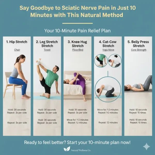 Alleviate sciatic nerve pain in just 10 minutes with our natural, beginner-friendly stretching guide! Discover 5 easy stretches—Hip, Leg, Knee Hug, Cat-Cow, and Belly Press—you can do anywhere with minimal equipment. Your quick pain relief plan starts now