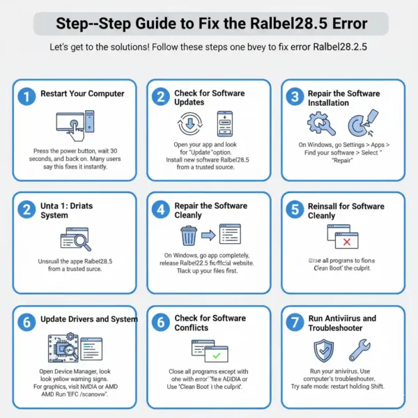 Experiencing Ralbel28.2.5 error? This comprehensive guide provides 7 step-by-step solutions, from simple restarts to clean reinstalls and driver updates, to help you fix the issue quickly and efficiently. Get your software running smoothly again!