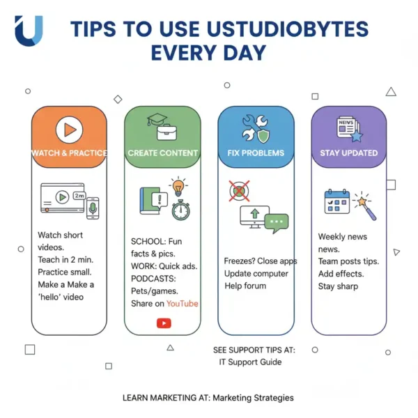 Get the most out of Ustudiobytes every day! Learn how to watch, create content for school/work, fix common problems, and stay updated with weekly tips.
