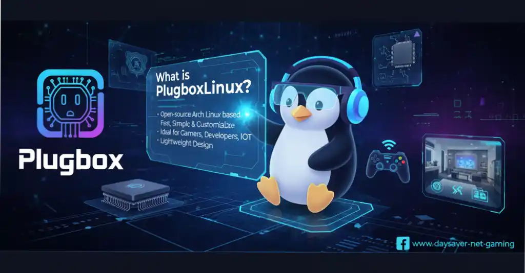 Explore PlugboxLinux Gaming, the Arch Linux-based distribution, featuring a cartoon penguin mascot wearing headphones and holding a controller, a laptop displaying a game, VR gear, and an online slot machine in a futuristic, tech-themed setting. This image represents the platform's focus on customizable, high-performance gaming, latest tech updates, and the inclusion of online slots. Perfect for articles about Linux gaming, Arch Linux, open-source customization, and gaming technology news.