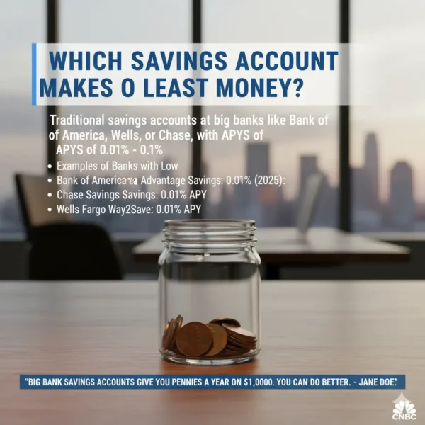 Discover which savings accounts offer the lowest interest rates, often found at major banks like Bank of America, Chase, and Wells Fargo. Learn why these traditional accounts yield minimal returns and see examples of their low APYs (0.01% - 0.1%). Find out how to make your money work harder than just pennies a year.