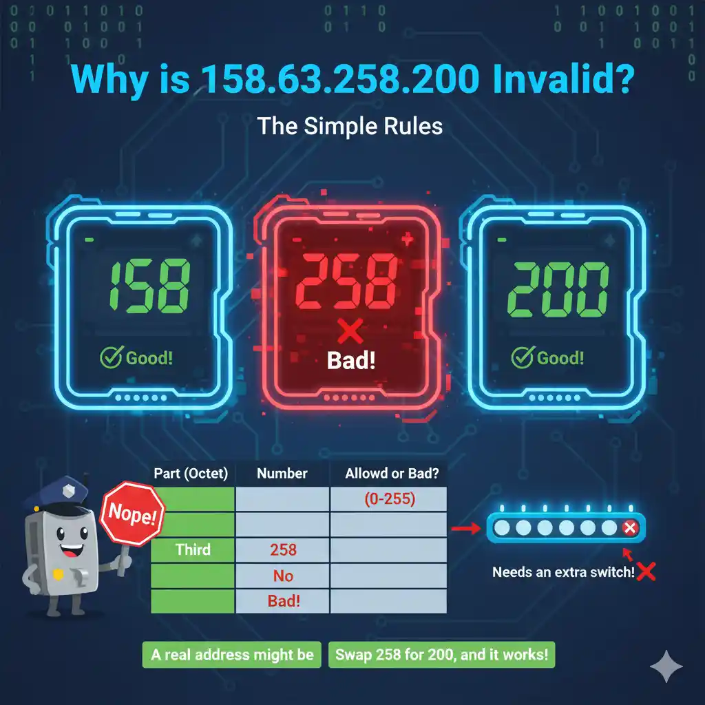 Why is 158.63.258.200 invalid? Learn the simple rules of IP addresses! Discover why numbers must be 0-255 and how binary limits each octet. Fix invalid IPs easily!