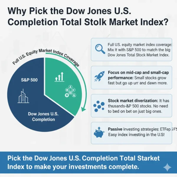 Complete your portfolio! The Dow Jones U.S. Completion Index adds mid and small-cap stocks for total market diversification.