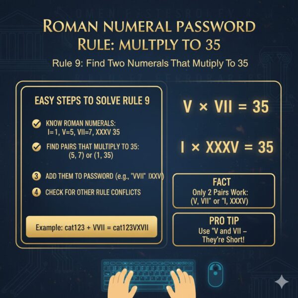 The roman numerals in your password should multiply to 35.A Guide to Rule 9 in The Password Game