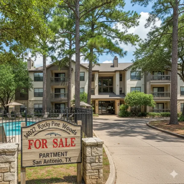 Apartment for sale at 14027 Rocky Pine Woods, San Antonio, TX. View the charming, multi-story apartment community nestled among mature pine trees, featuring balconies and a nearby pool.