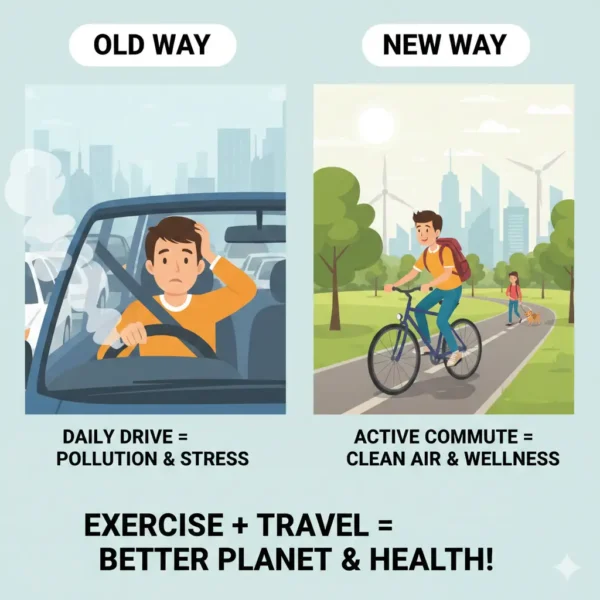 Visual comparison of two daily travel methods. The "Old Way" shows a stressed man stuck in a congested, smoggy city, emphasizing Pollution & Stress from driving. The "New Way" shows a person happily cycling on a path through a clean, green, wind-turbine-equipped city skyline, promoting Clean Air & Wellness through active commute. The overall message is Exercise + Travel = Better Planet & Health!