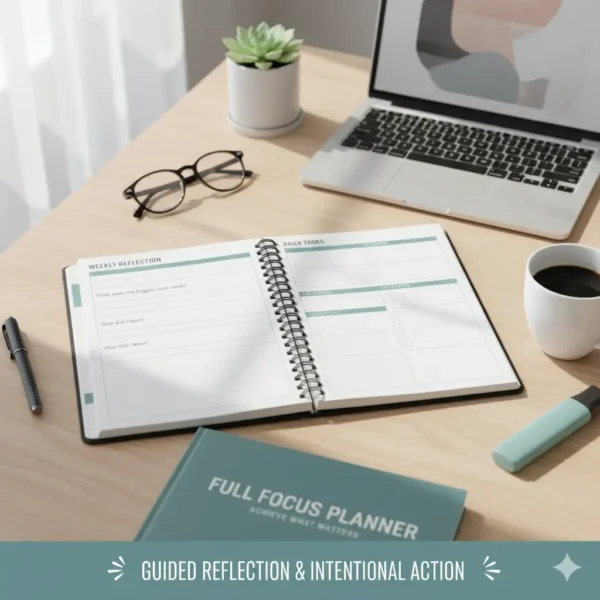 Full Focus Planner on a clean wooden desk, accompanied by a laptop, coffee mug, pen, and glasses. The planner is open to a page showing sections for "Weekly Reflection" (with prompts like "What were my biggest wins this week?" and "What did I learn?") and "Daily Tasks."