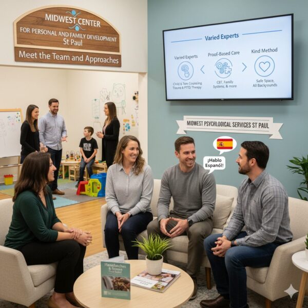 Meet the skilled team at Midwest Center for Personal and Family Development St Paul. Discover their varied, proof-based approaches (CBT, Family Systems) for child, teen, and trauma therapy, including a bilingual Spanish therapist. This image shows a warm, supportive environment dedicated to Midwest Psychological Services St Paul.