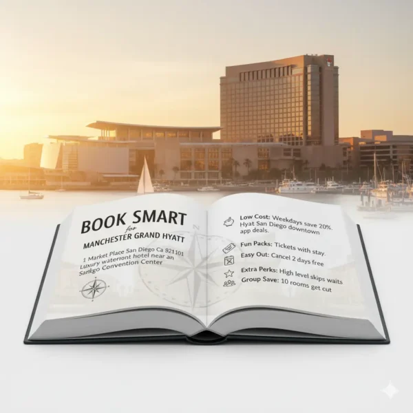 A smart booking guide is displayed open against a scenic sunset view of the Manchester Grand Hyatt hotel and the waterfront in San Diego.