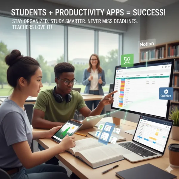 Student productivity apps: Two students collaborate with Notion, Quizlet, and Forest icons visible, highlighting how they study smarter, stay organized, and never miss deadlines with digital tools.