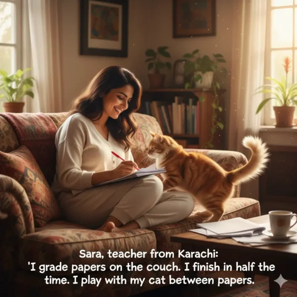 Karachi teacher Sara smiles while grading papers comfortably on her couch with her friendly ginger cat nearby. This image highlights the increased productivity and work-life balance of remote work in Pakistan, showing how she saves time while enjoying quality moments with her pet.