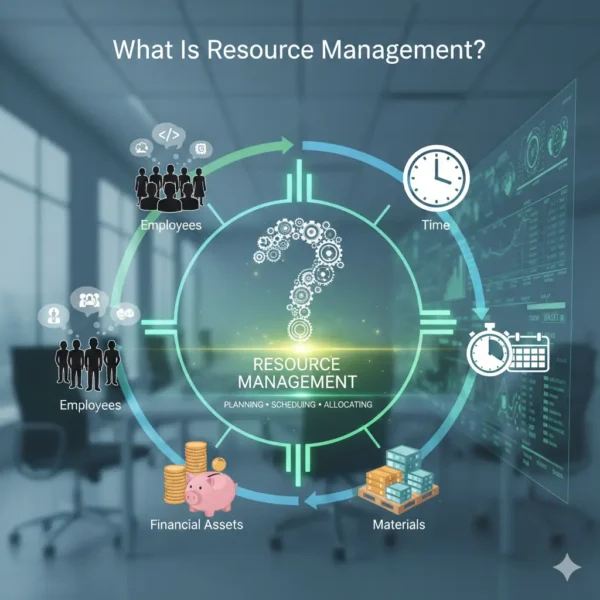 A visually conceptual diagram titled "What Is Resource Management?" is presented in a professional, modern office setting. The central graphic features a question mark composed of interlocking gears surrounded by a circular, glowing teal framework, with the core process labeled "RESOURCE MANAGEMENT" and the key actions: "PLANNING • SCHEDULING • ALLOCATING".