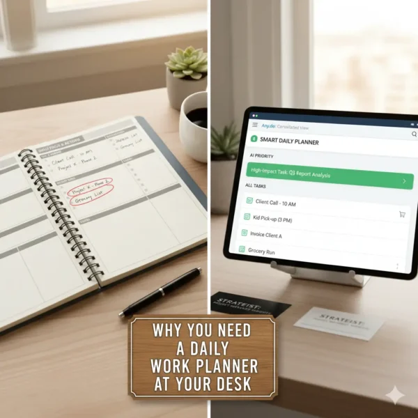 Why you need a daily work planner at your desk. See the split: a paper planner for slow, focused review (cross out done) and a digital planner for smart picks (AI task flagging). Achieve calm by separating your calendar from your actions.