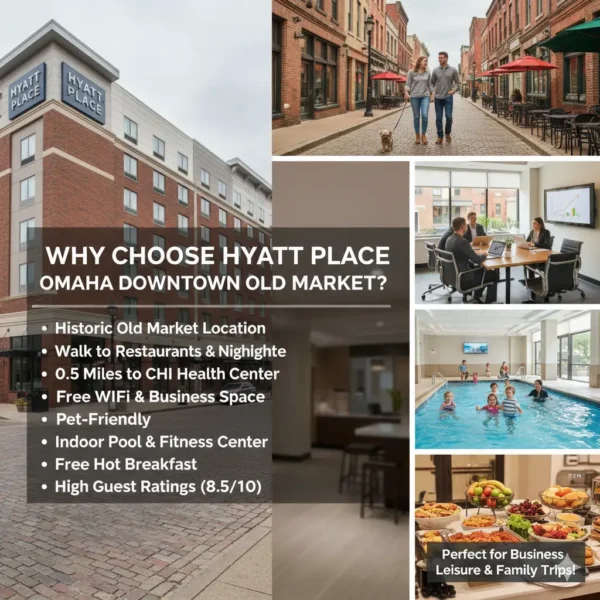 Downtown Old Market hotel featuring a brick exterior, a couple walking a dog on the historic cobblestone street, business meeting space, the indoor pool, and the free hot breakfast buffet. Perfect for business, leisure, and family trips with a prime location, pet-friendly policy, and high guest ratings.