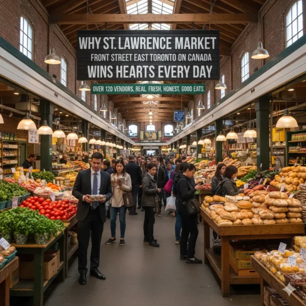 St. Lawrence Market, Front Street East, Toronto, Canada: Experience the vibrant atmosphere of this historic indoor market. Over 120 vendors selling fresh produce, artisanal breads, and gourmet food. A must-visit destination for locals and tourists seeking real, honest, and good eats.
